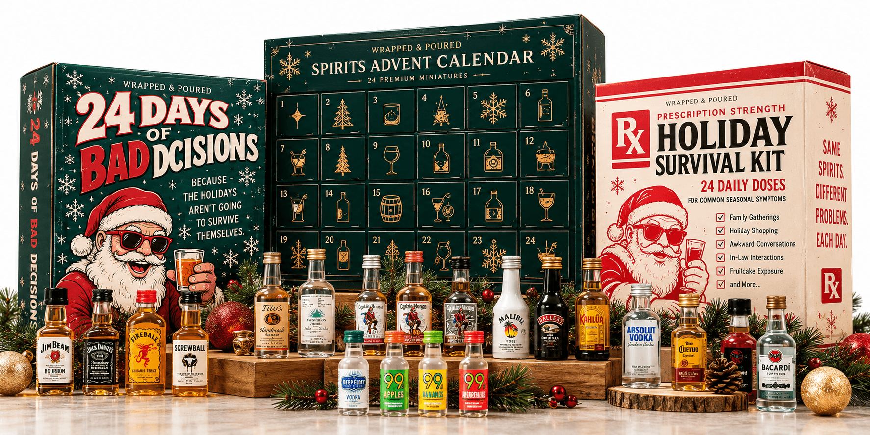 24 Days of Bad Decisions, Spirits Advent Calendar and Rx Holiday Survival Kit with miniature bottles